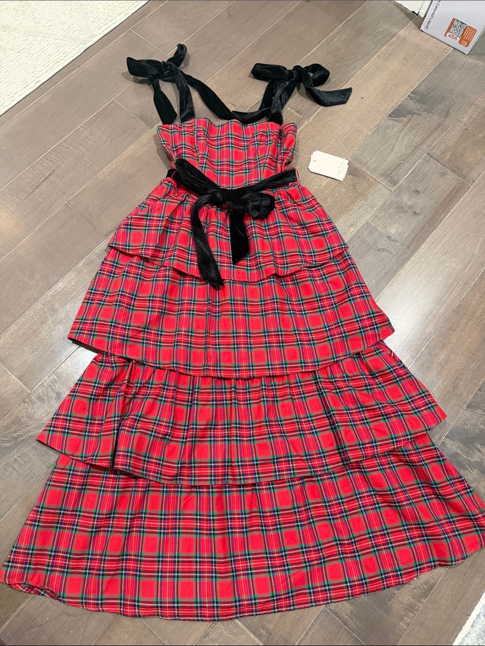 Red Plaid Tiered Dress with Black Velvet Bows